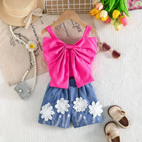 Girls Fuchsia Bow Crop Top With Floral Embroidered Denim Shorts Sets Sets Fuchsia 2-3 Y