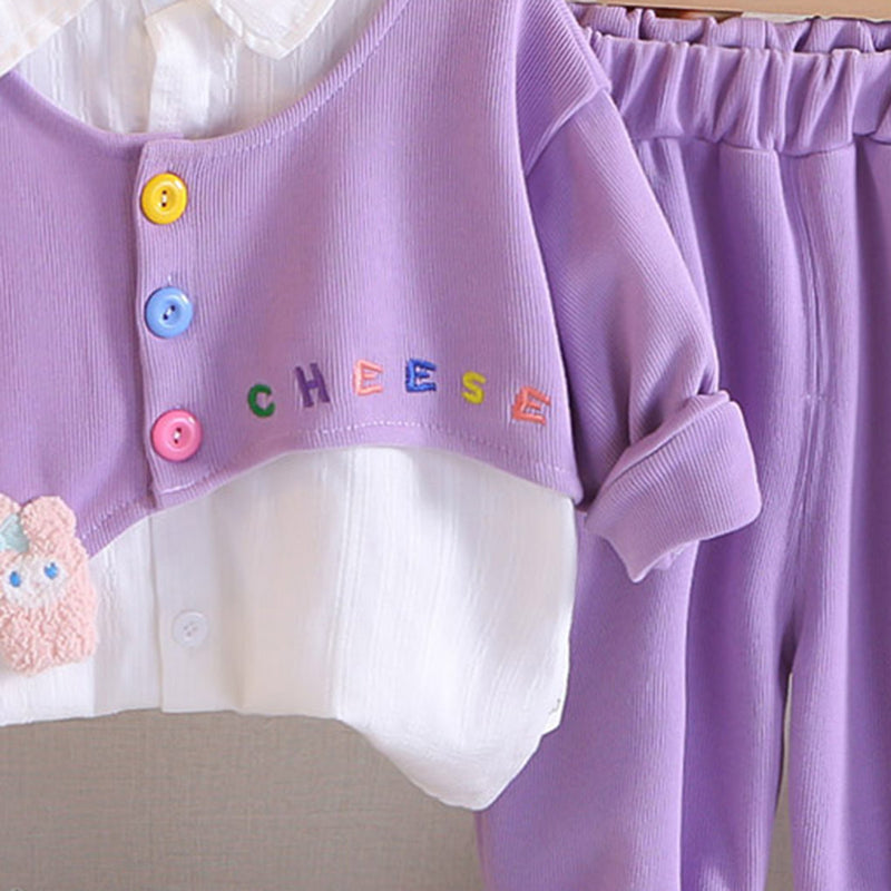 Girls Purple Embroidered Top With Striped Shirt & Joggers Set Sets