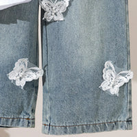 Girls White Sleeveless Peplum Top & Denim Pants With Butterfly Applique Sets Sets