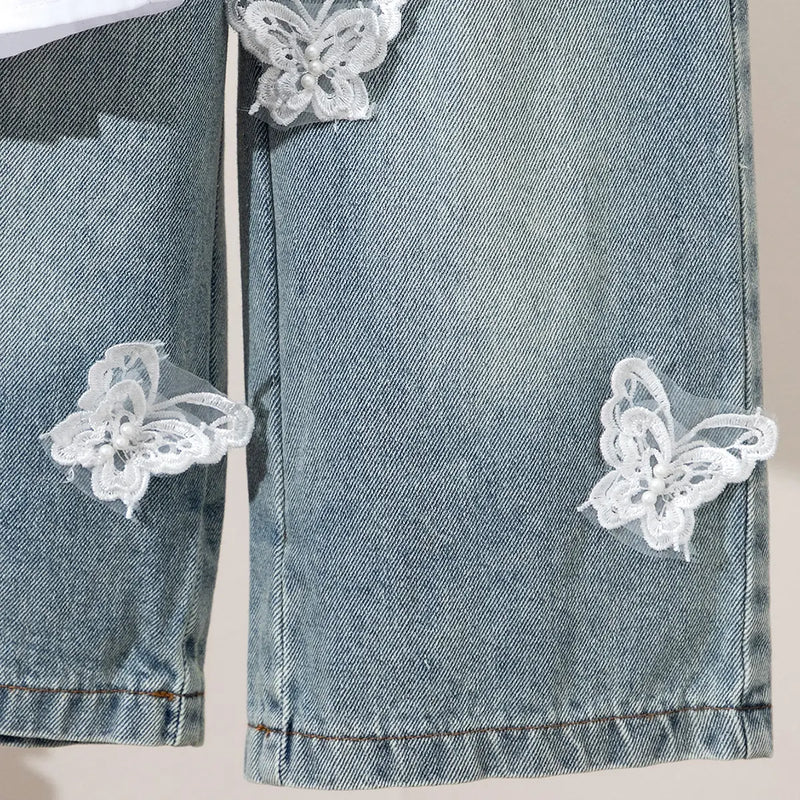 Girls White Sleeveless Peplum Top & Denim Pants With Butterfly Applique Sets Sets