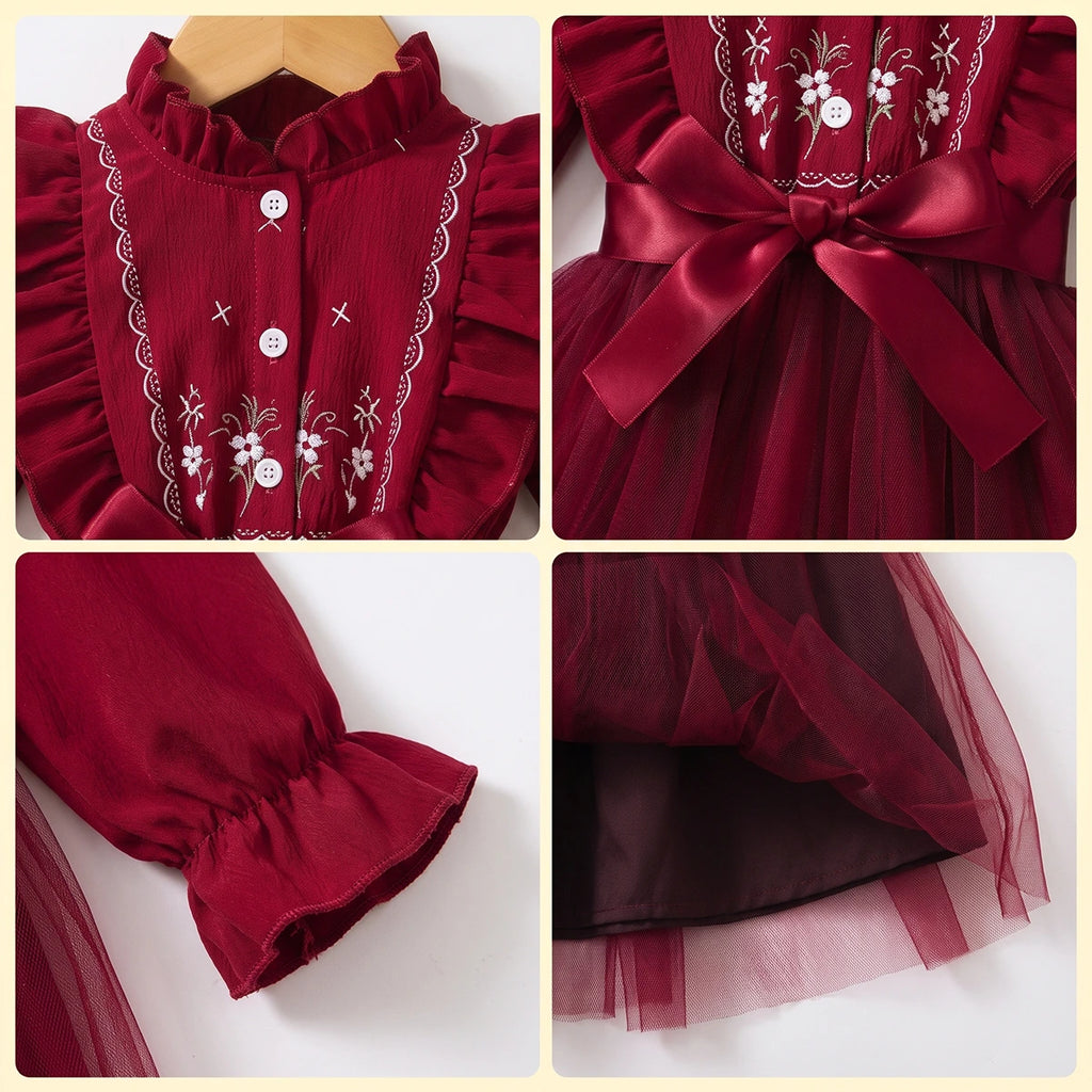 Girls Maroon Floral Print Long Sleeve Fit & Flare Dress Casual Dresses