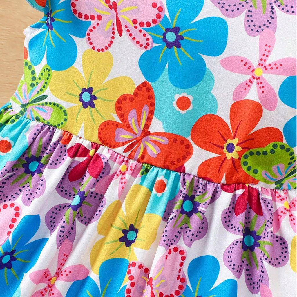 Girls Multicolor Floral Print Flared Sleeve Fit & Flare Dress Casual Dresses