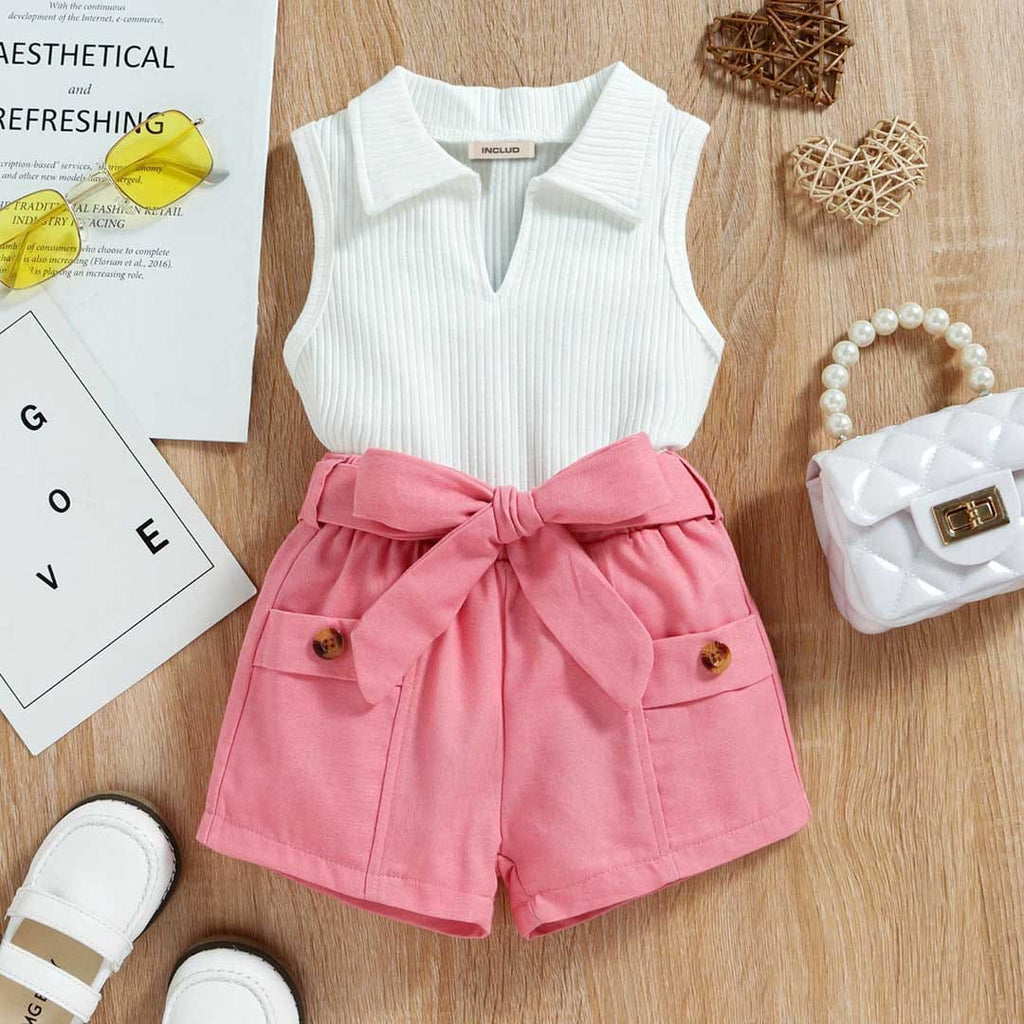 Girls Knitted Polo T-Shirt With Shorts Set