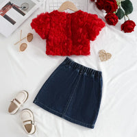 Girls Red 3D Rose Flower Applique Top With Denim Skirt Sets Sets