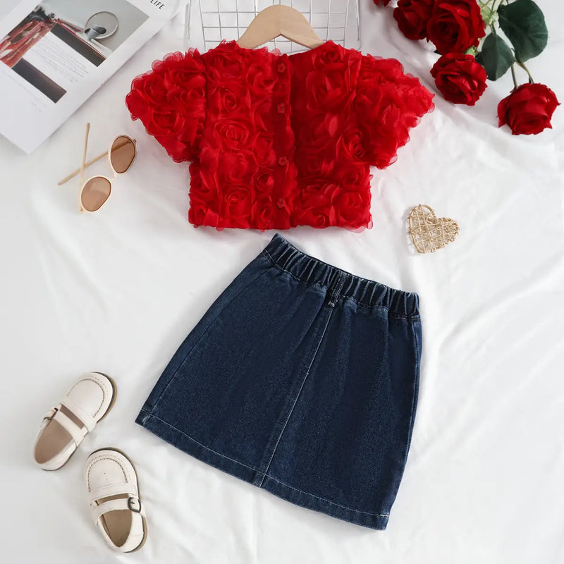 Girls Red 3D Rose Flower Applique Top With Denim Skirt Sets Sets