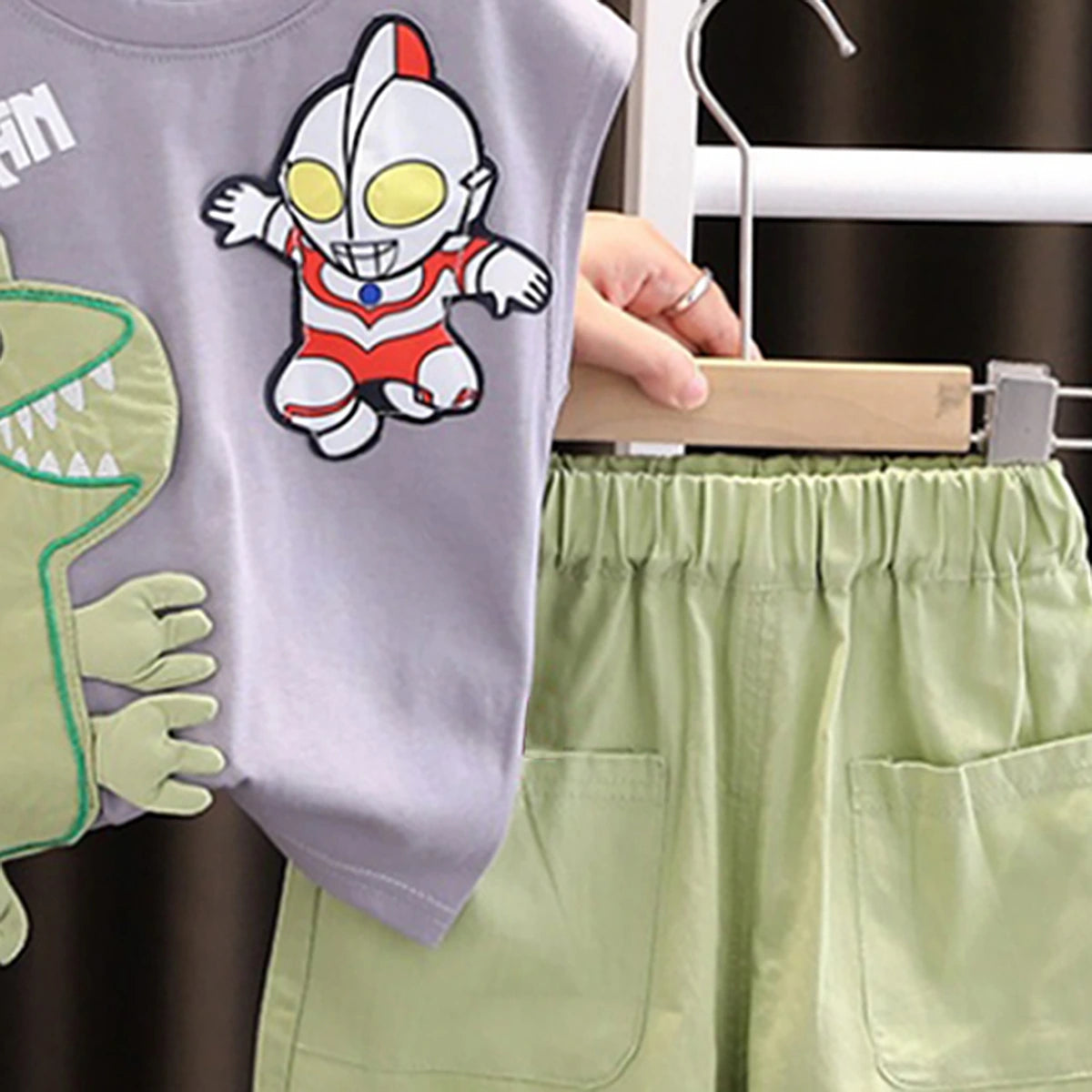 Boys Grey Dinosaur Graphic Sleeveless T-Shirt With Shorts Sets 2 pc. Sets