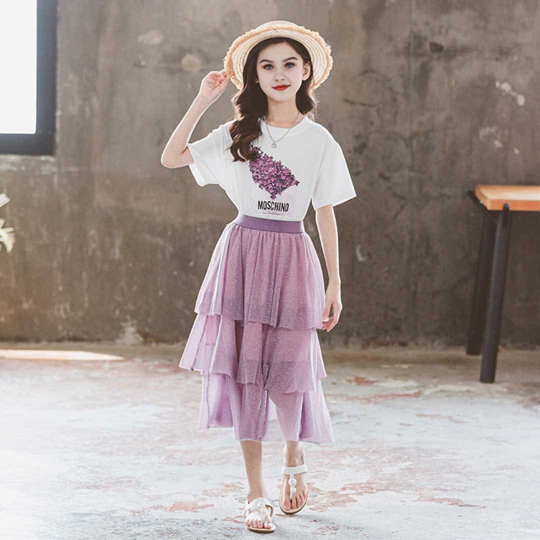 Girls Short Sleeve Graphic Print T-Shirt With Long Skirt Set 2 pc. Sets White 3-4 Y 