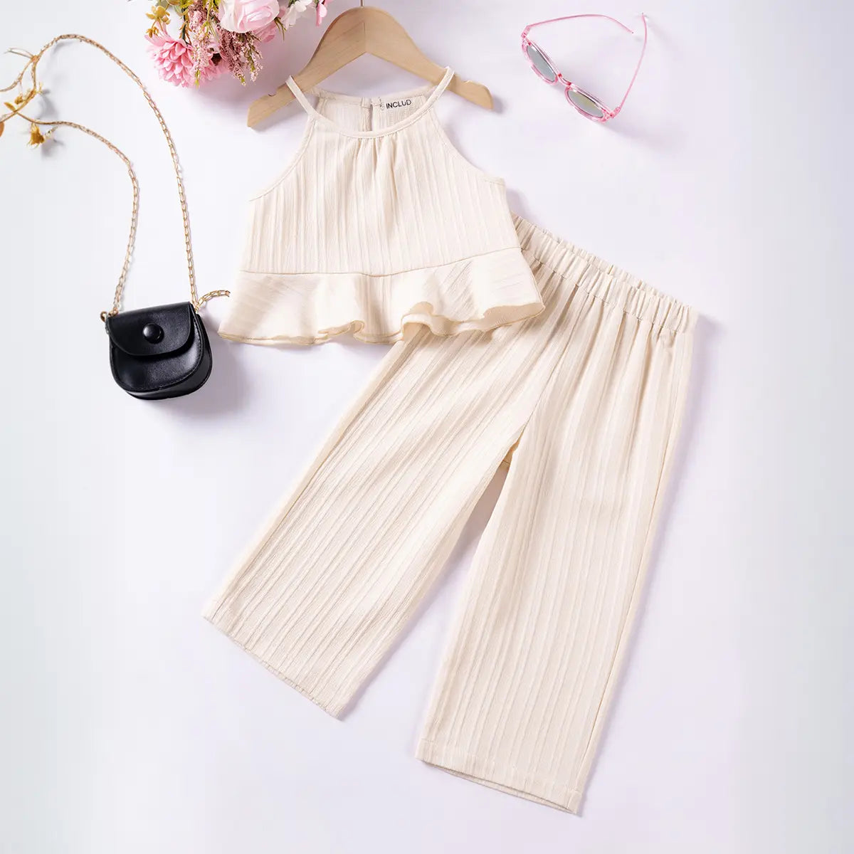 Girls Apricot Self Stripe Peplum Top With Pants Co-ord Sets Sets Apricot 1-2 Y
