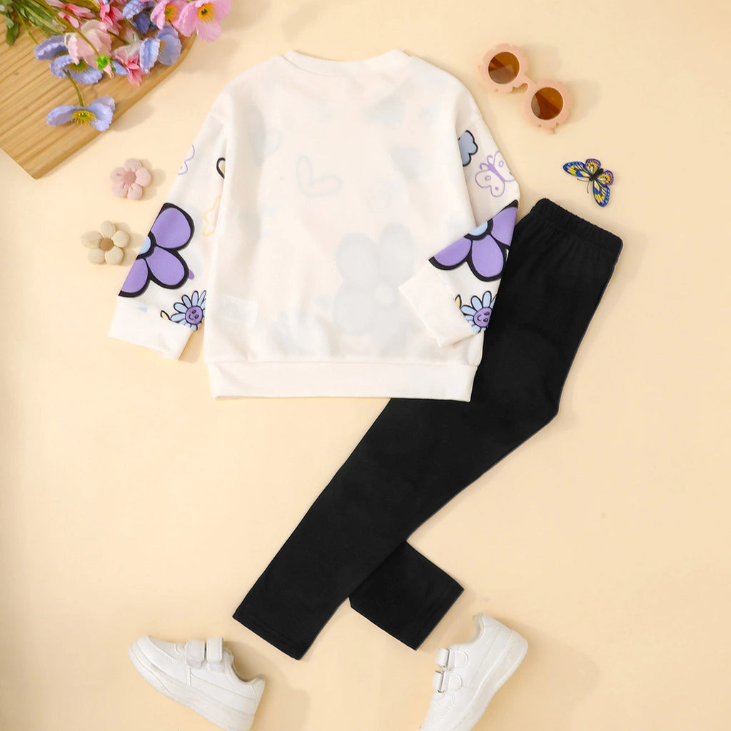 Girls Off White Floral Printed Sweatshirt With Pant sets Sets