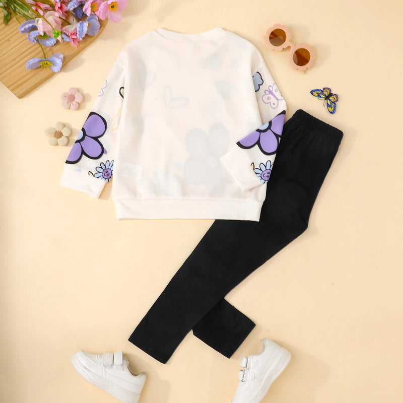 Girls Off White Floral Printed Sweatshirt With Pant sets Sets