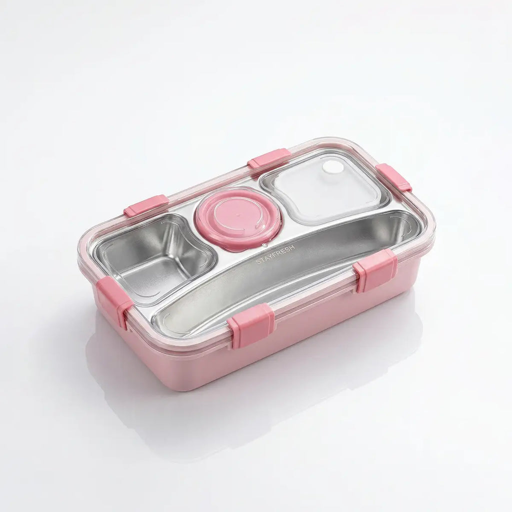 Kids Pink Stainless Steel Lunch Box with 4 Compartments & Sauce Cup Trending Accessories Pink Onesize
