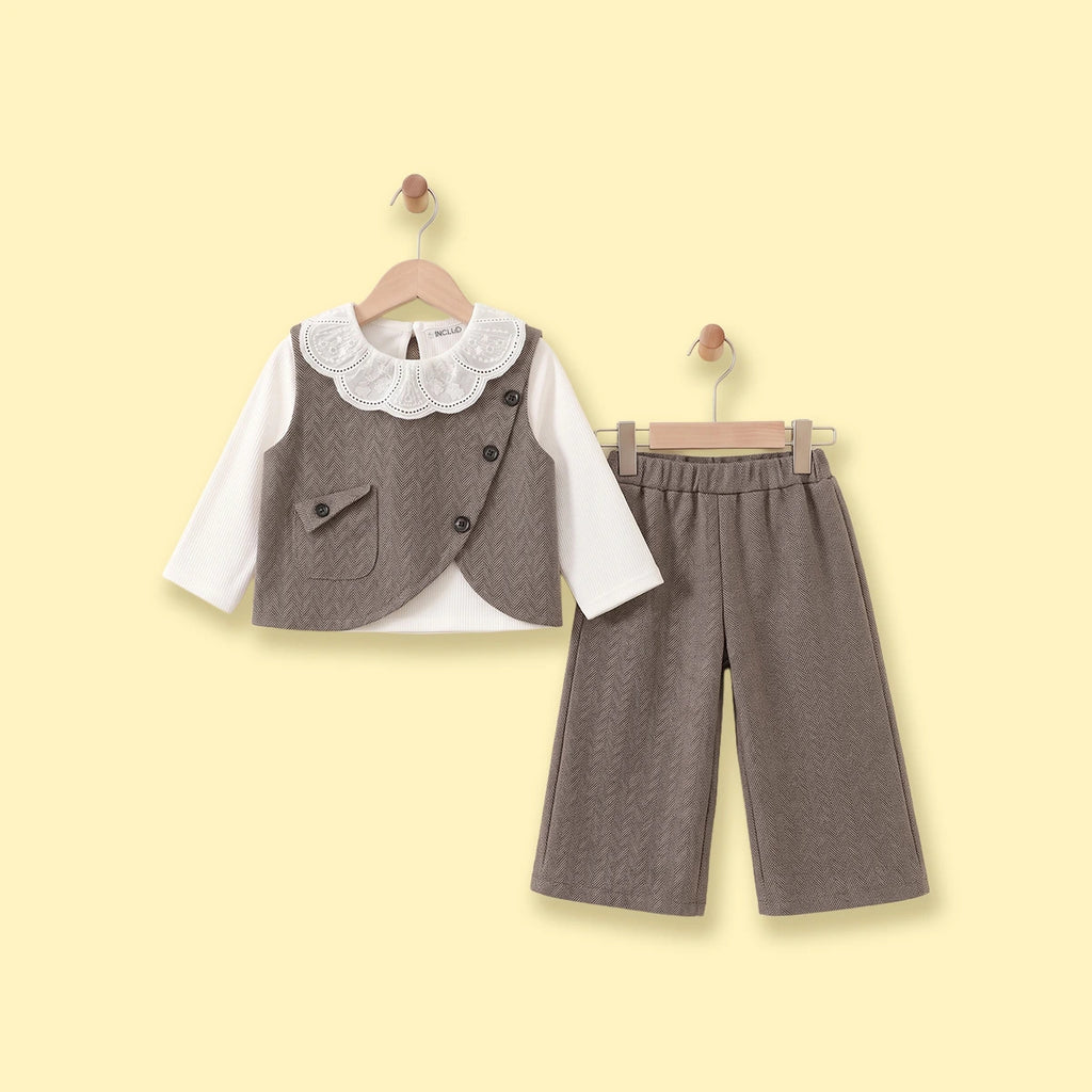 Girls Light Brown Textured Vest & Pants With Eyelet Collar Top Sets Sets Light Brown 1-2 Y