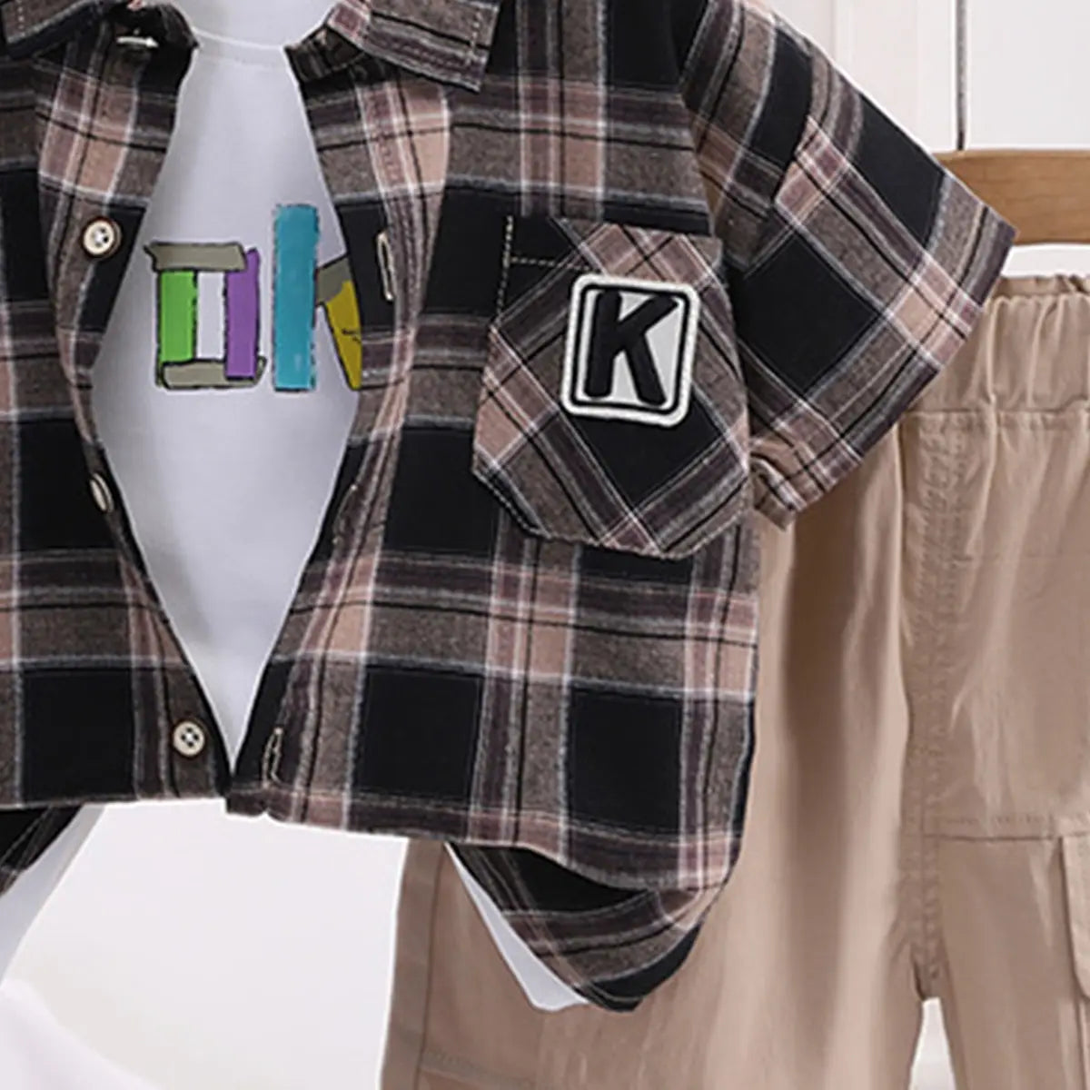 Boys Black Checked Short Sleeve Shirt With Printed T-Shirt And Shorts Sets 3 pc. Sets
