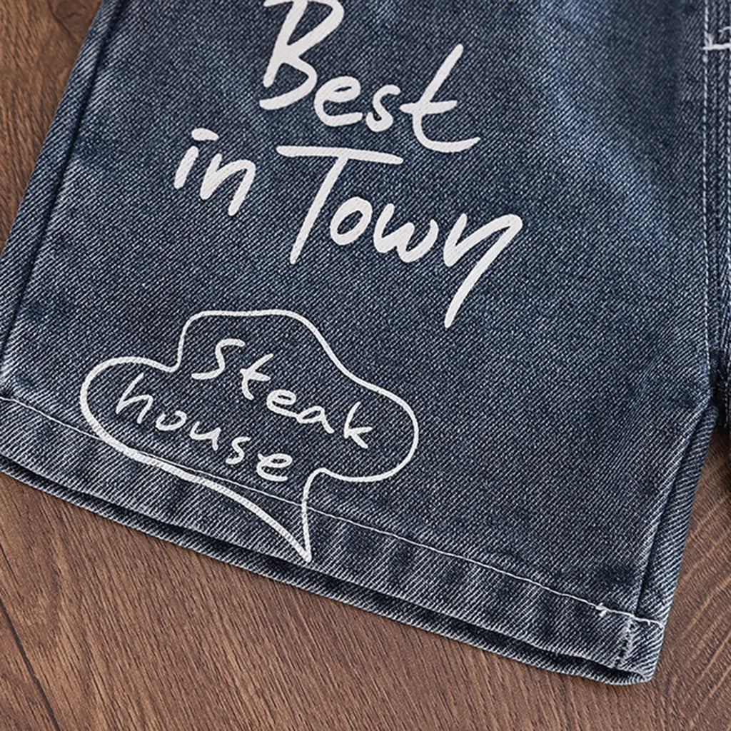 Boys Grey Typographic Print T-Shirt With Distressed Denim Shorts Set Sets