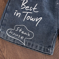 Boys Grey Typographic Print T-Shirt With Distressed Denim Shorts Set Sets