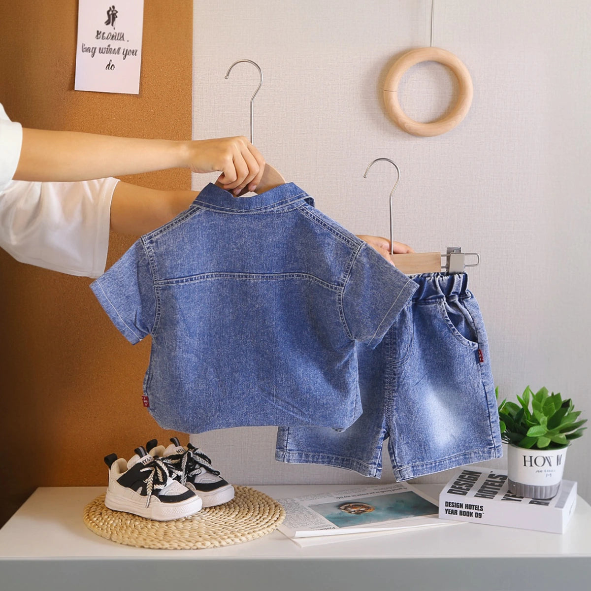 Boys Blue Denim Shirt & Shorts With Sleeveless T-Shirt Sets Sets