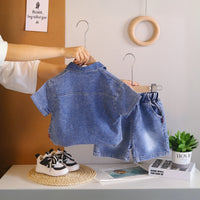 Boys Blue Denim Shirt & Shorts With Sleeveless T-Shirt Sets Sets