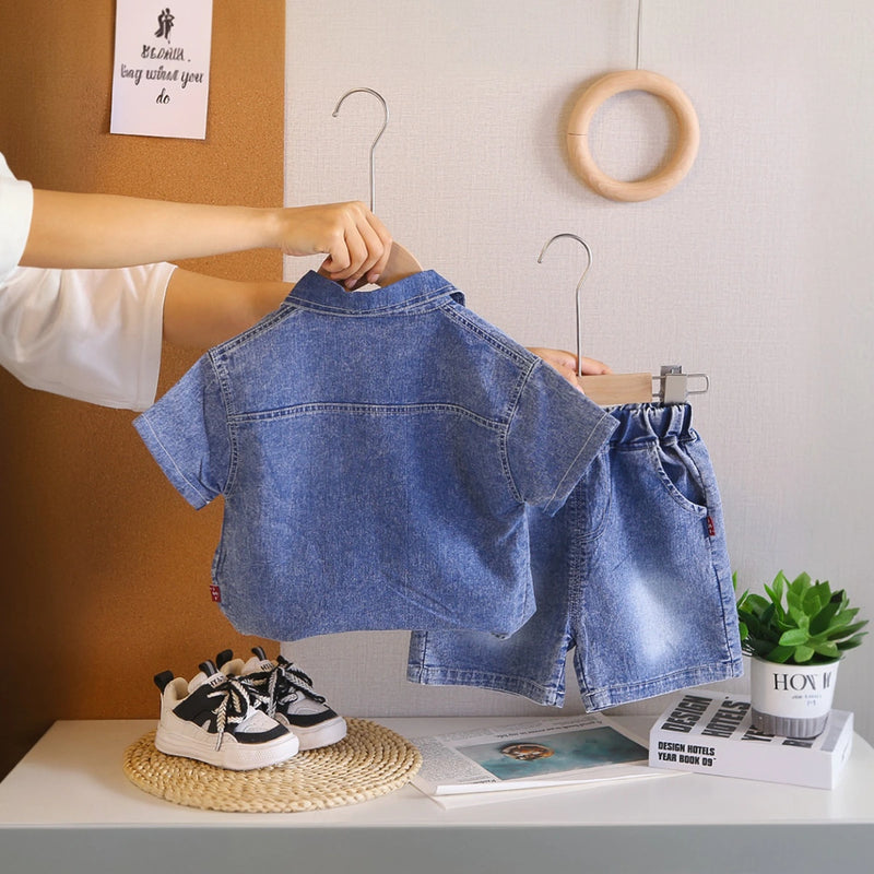 Boys Blue Denim Shirt & Shorts With Sleeveless T-Shirt Sets Sets