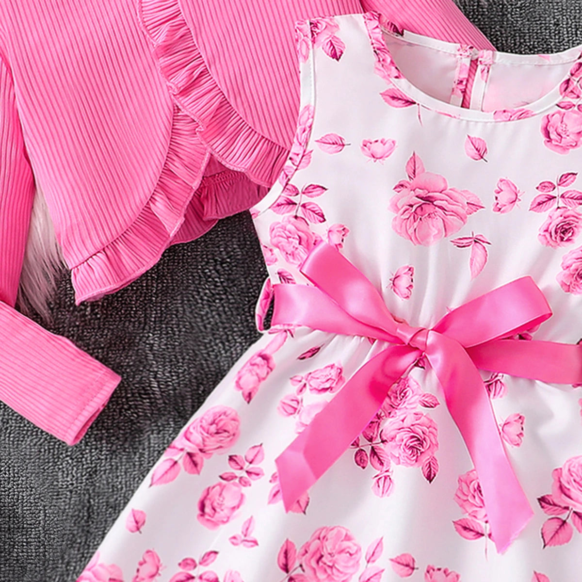 Girls Pink Floral Print Sleeveless Dress With Shrug Casual Dresses