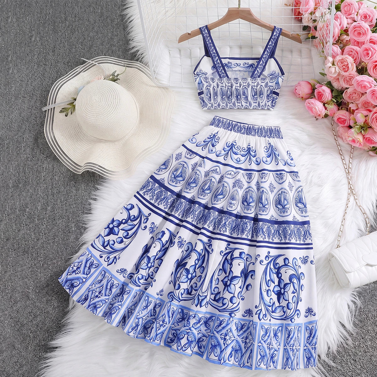 Girls Blue Ethnic Print Sleeveless Top With Skirt Sets 2 pc. Sets