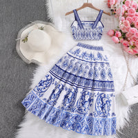 Girls Blue Ethnic Print Sleeveless Top With Skirt Sets 2 pc. Sets