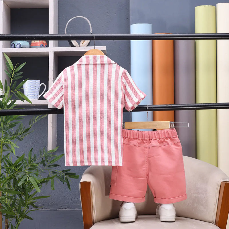Boys Pink Striped Short Sleeve Shirt With Graphic T-Shirt And Drawstring Shorts Sets Sets