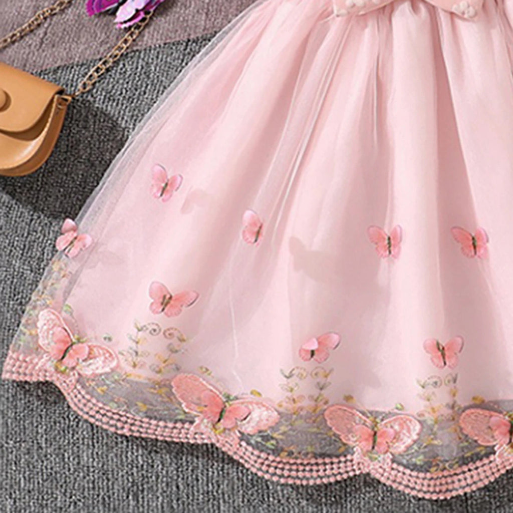 Girls Pink Butterfly Applique Flutter Sleeve Fit & Flare Party Dress Party Dresses