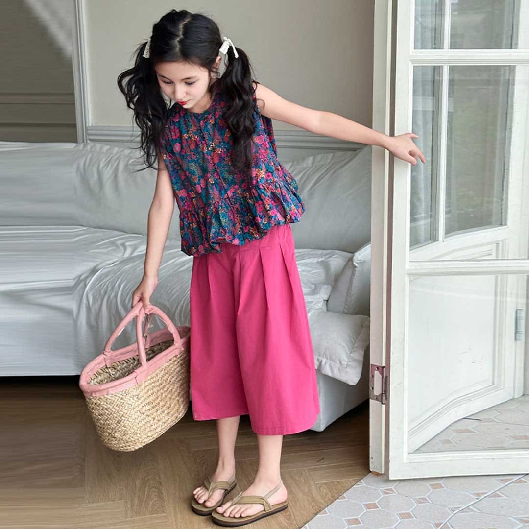 Girls Sleeveless Floral Print Top With Pants Set Sets   