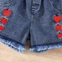Girls Red Rose Cold Shoulder Top With Heart Embroidered Denim Shorts Sets Sets