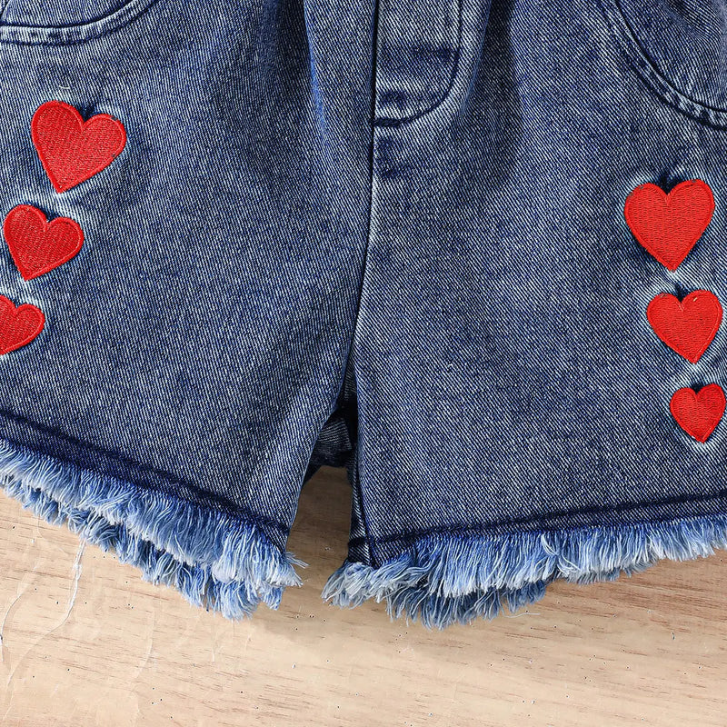 Girls Red Rose Cold Shoulder Top With Heart Embroidered Denim Shorts Sets Sets