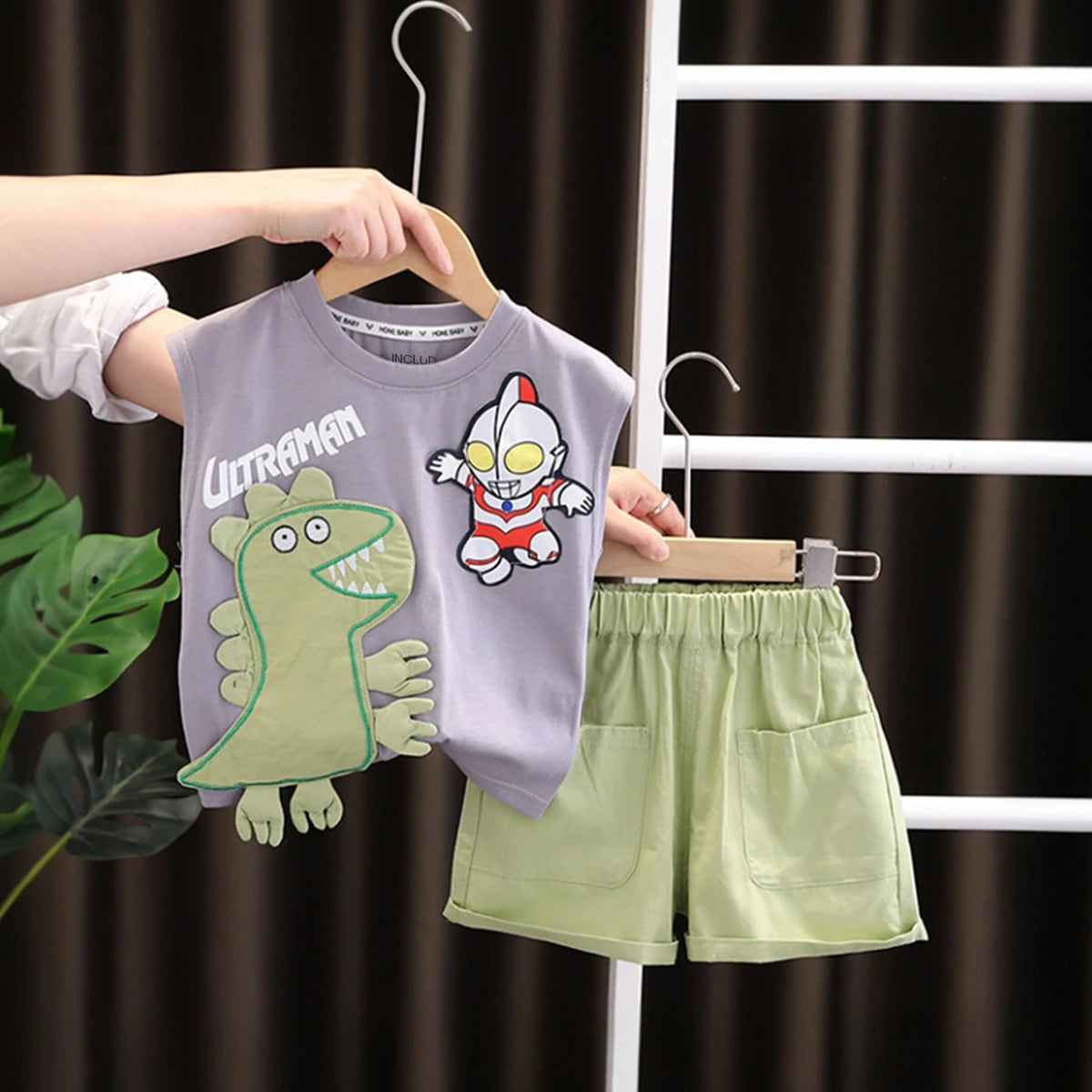 Boys Grey Dinosaur Graphic Sleeveless T-Shirt With Shorts Sets 2 pc. Sets Grey 1-2 Y