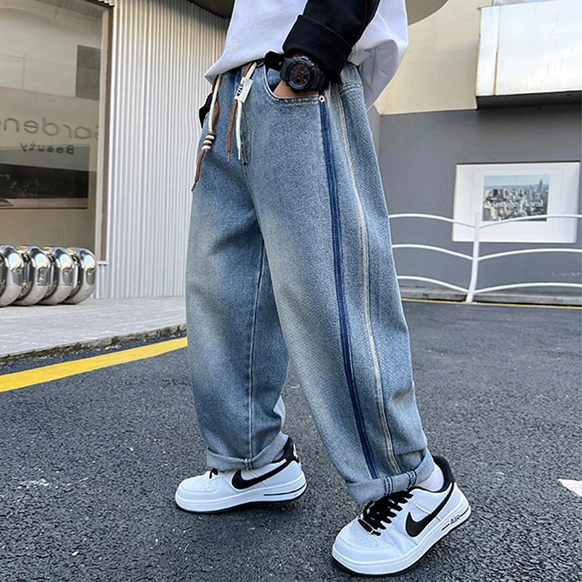 Boys Light Blue Striped Baggy Fit Denim Jeans Pants