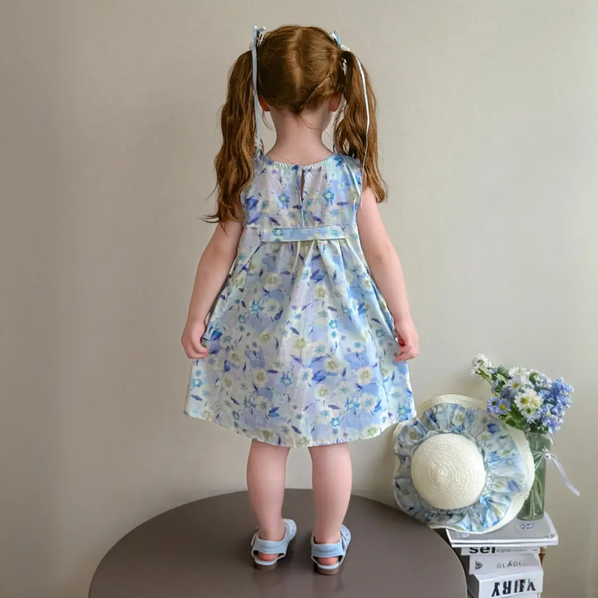 Girls Blue Floral Print Sleeveless A-Line Casual Dress Casual Dresses
