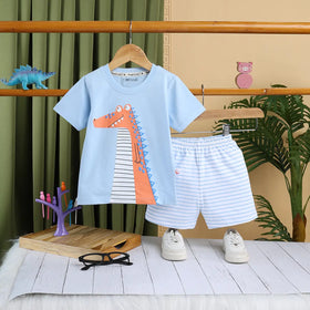 Boys Sky Blue Animal Graphics Short Sleeve T-Shirt With Striped Drawstring Shorts Sets Sets Sky Blue 6-12 M