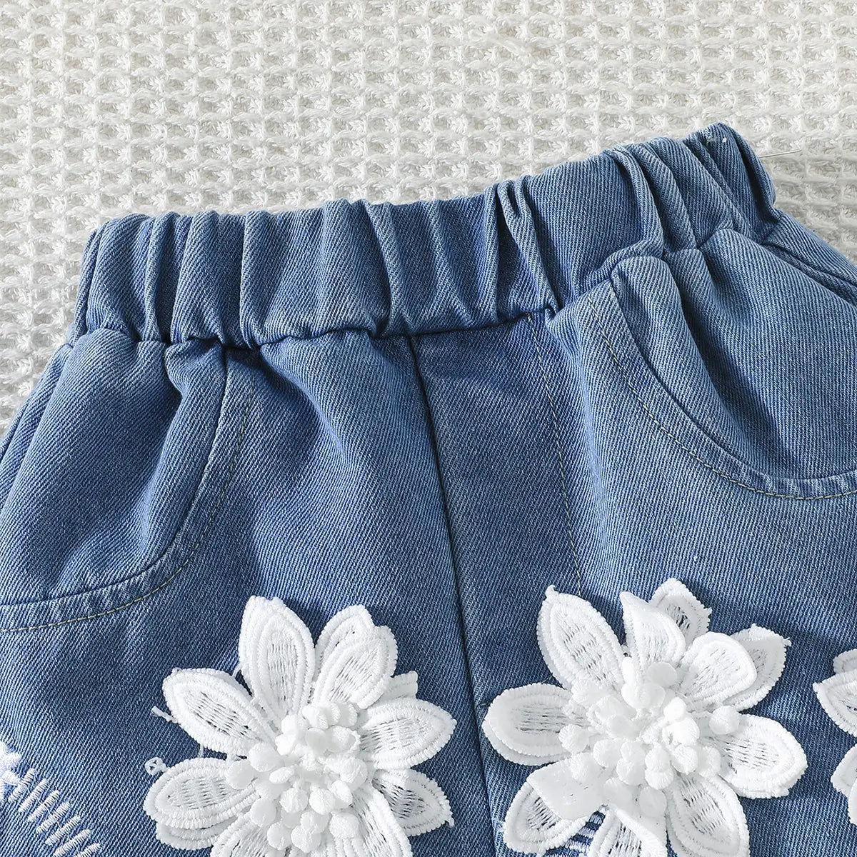 Girls White Bow Crop Top With Floral Embroidered Denim Shorts Sets Sets