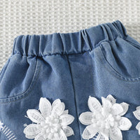 Girls White Bow Crop Top With Floral Embroidered Denim Shorts Sets Sets
