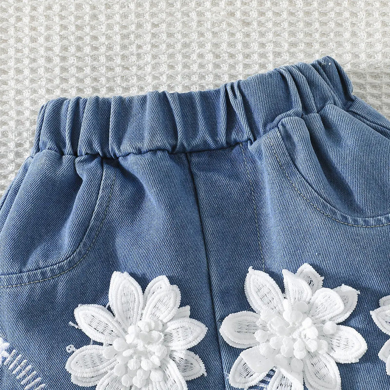 Girls White Bow Crop Top With Floral Embroidered Denim Shorts Sets Sets