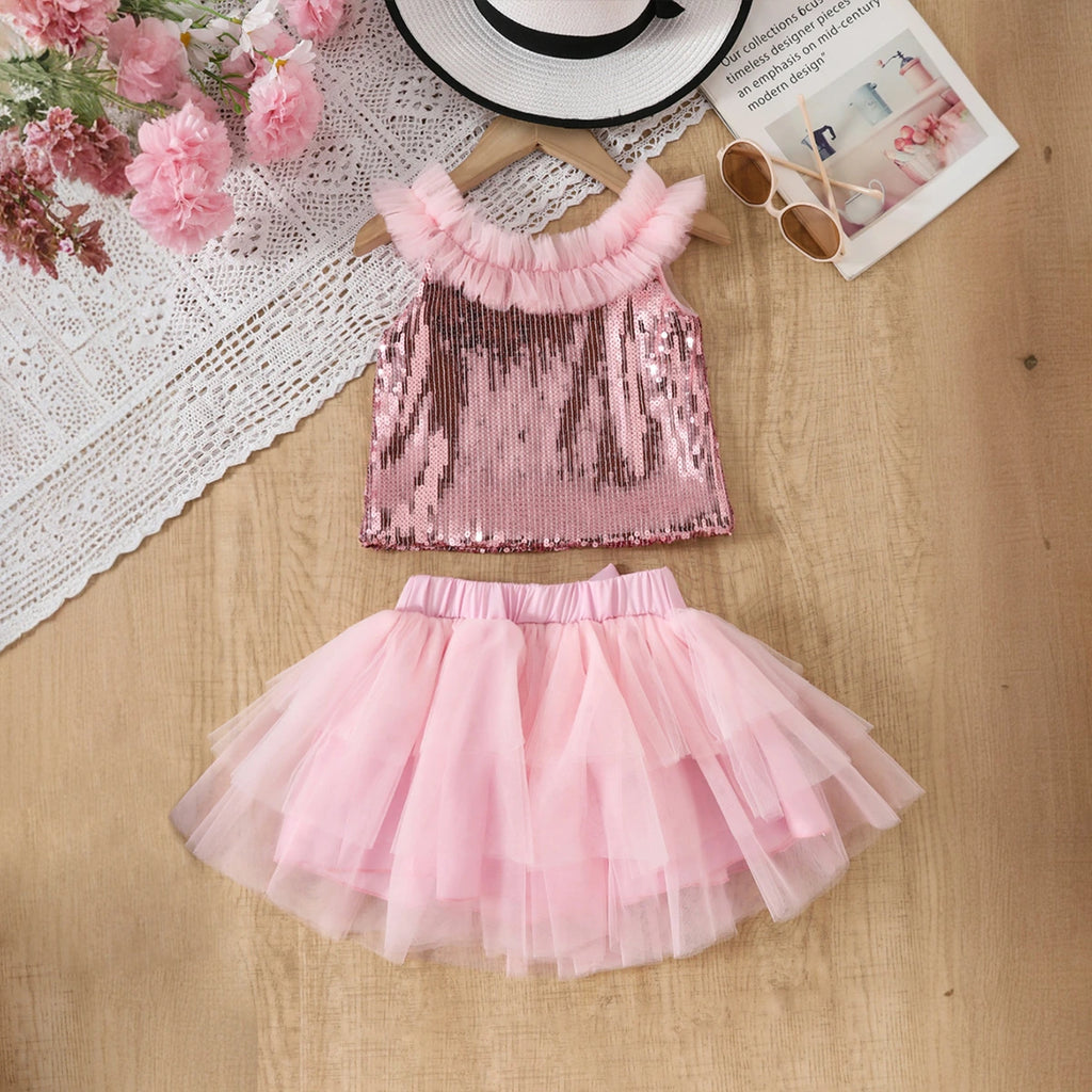 Girls Pink Sequined Crop Top With Tulle Overlay Skirts Set Sets