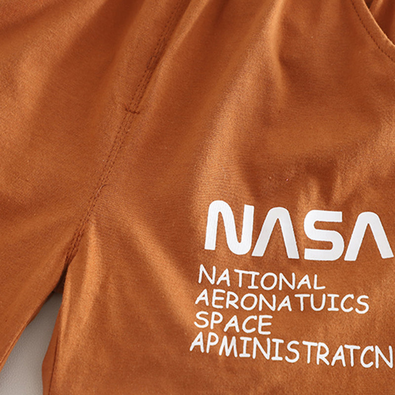 Boys Brown Typographic Nasa Printed T-Shirt With Shorts Set 2 pc. Sets