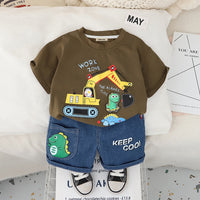 Boys Brown Excavator Printed T-Shirt With Denim Shorts Set 2 pc. Sets Brown 1-2 Y
