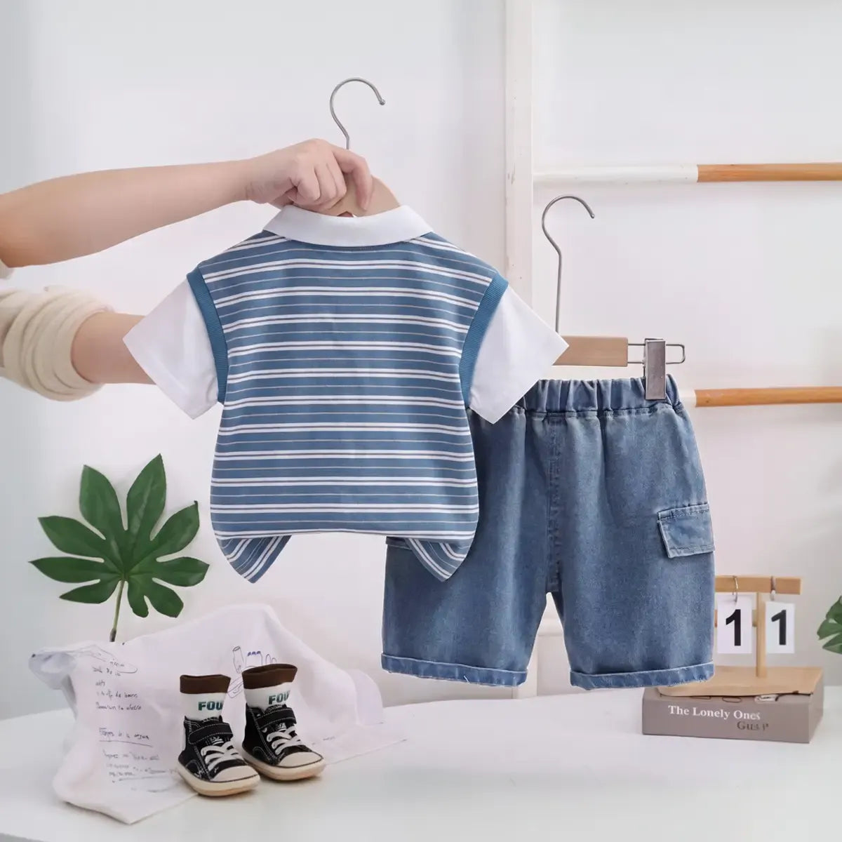 Boys Blue Striped Short Sleeve Polo T-Shirt With Denim Shorts Sets 2 pc. Sets