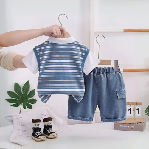 Boys Blue Striped Short Sleeve Polo T-Shirt With Denim Shorts Sets 2 pc. Sets