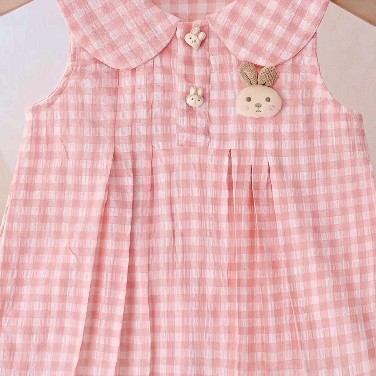 Girls Light Pink Checked Rabbit Applique Sleeveless A-Line Dress Casual Dresses