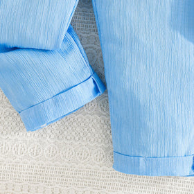 Girls Light Blue Textured Flutter Sleeves Overall Jumpsuit With Sling Bag Jumpsuits