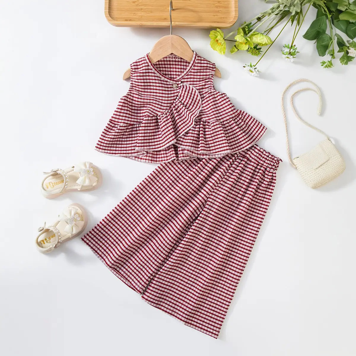 Girls Burgundy Checked Sleeveless Top With Pants Co-ord Sets Sets burgundy 1-2 Y