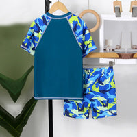 Boys Blue Fish Printed T-Shirt With Shorts Swimwear Sets Beachwear