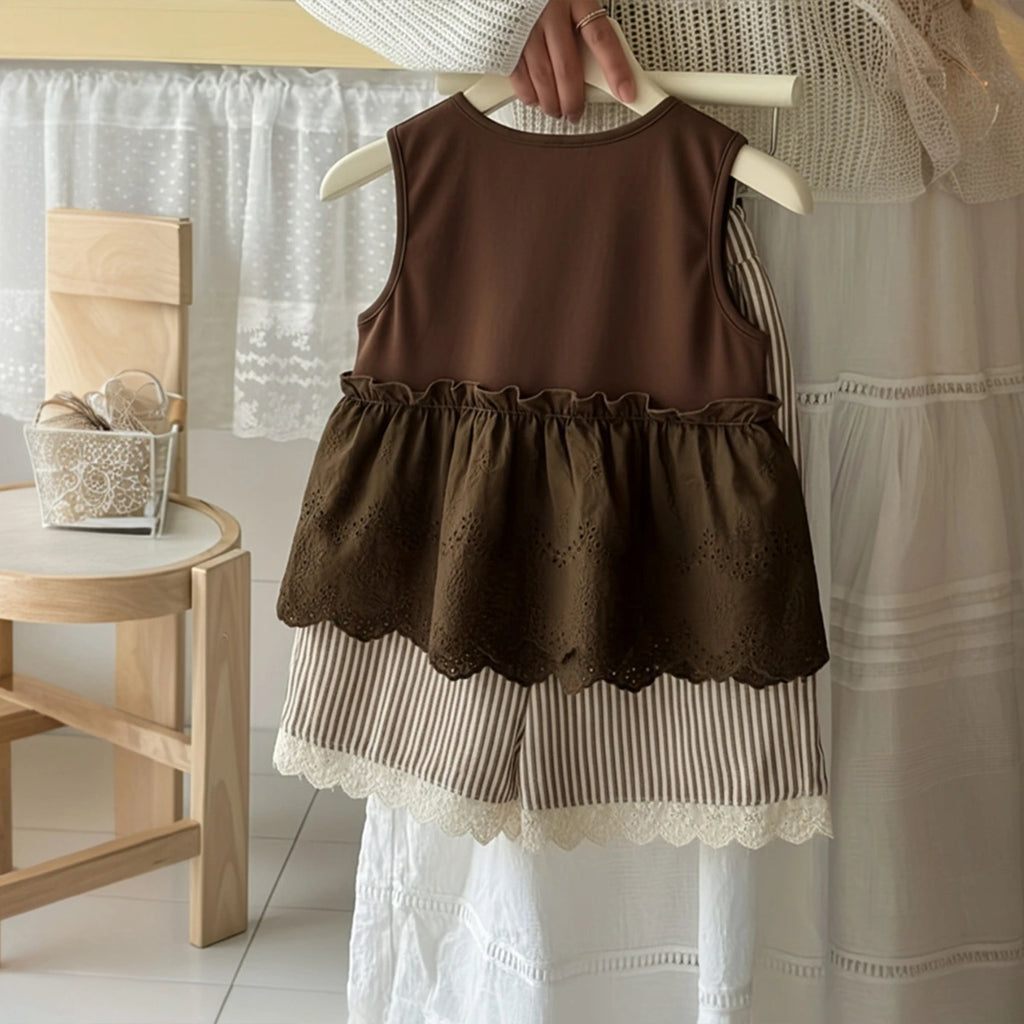 Girls Dark Brown Sleeveless A-Line Top With Stripe Pants & Sling Bag Sets Sets