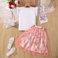 Girls Graphic Printed T-Shirt With Floral Skirt Set Sets   