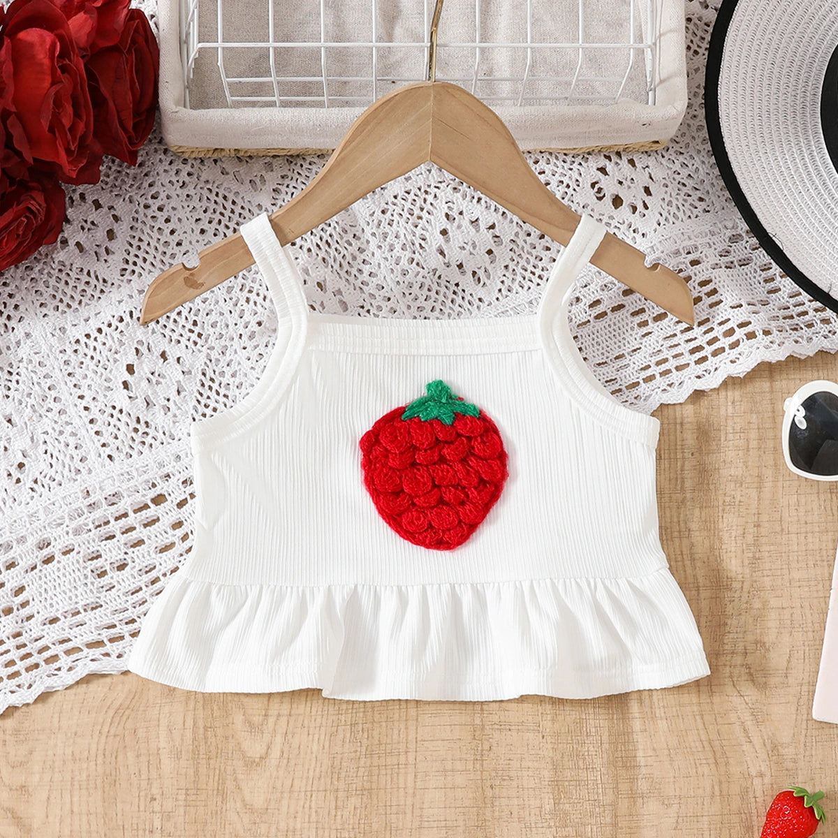 Girls Red Strawberry Embroidered Peplum Top With Denim Shorts Sets Sets