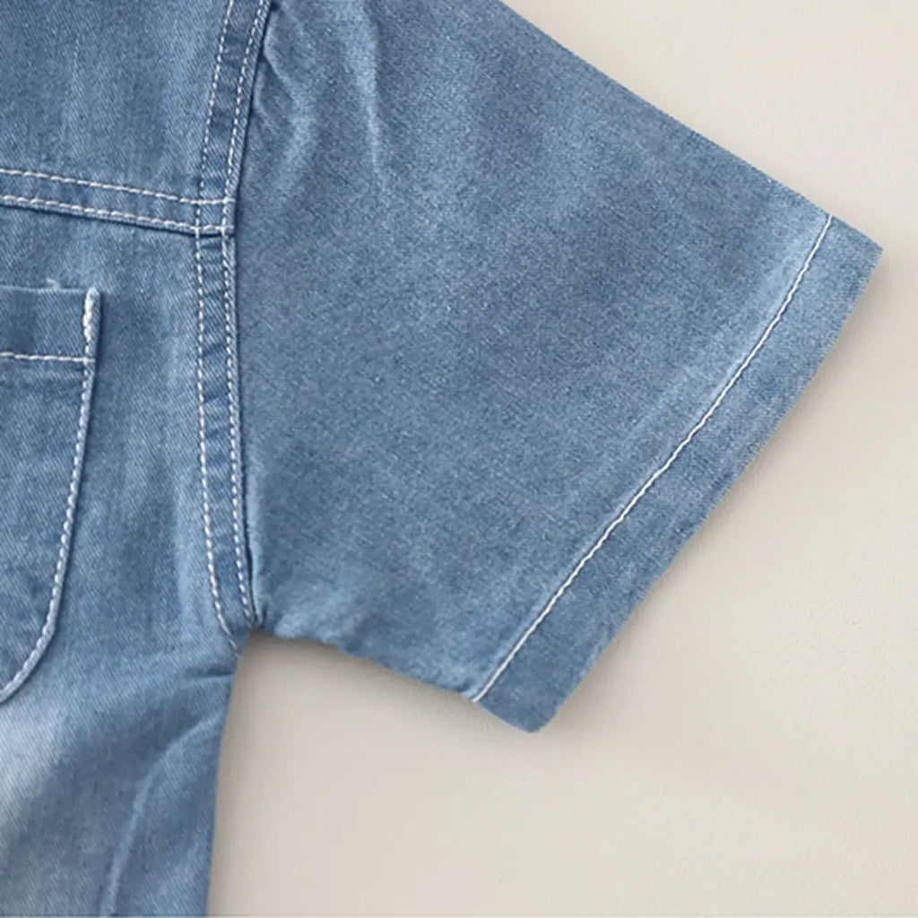 Boys Light Blue Denim Shirt & Cargo Shorts With Printed T-Shirt Sets Sets